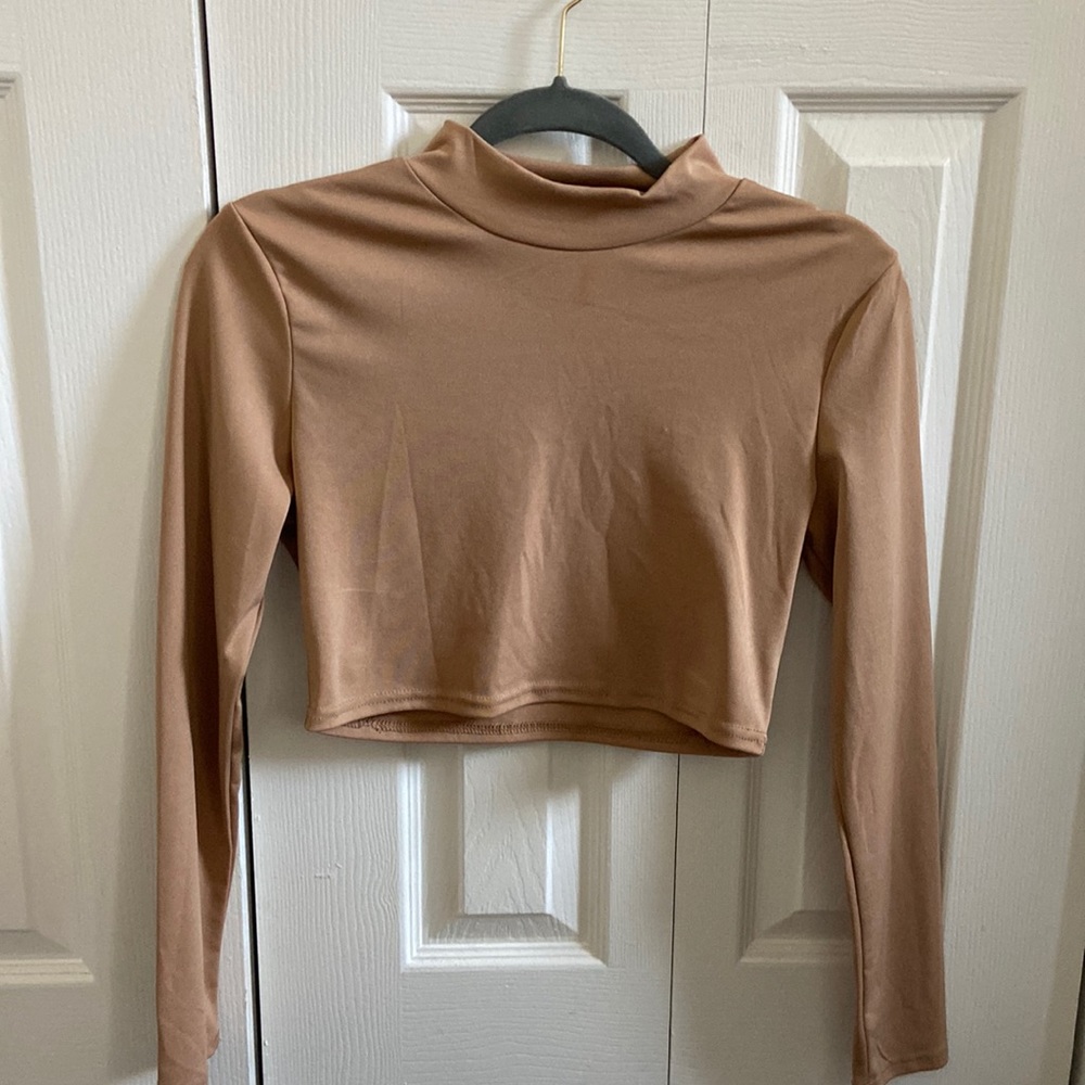 Cropped long sleeve with slight turtleneck. Tan. size medium